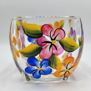 Hand-Painted Floral Clear Glass Planter Vase 5" Square Decorative Centerpiece